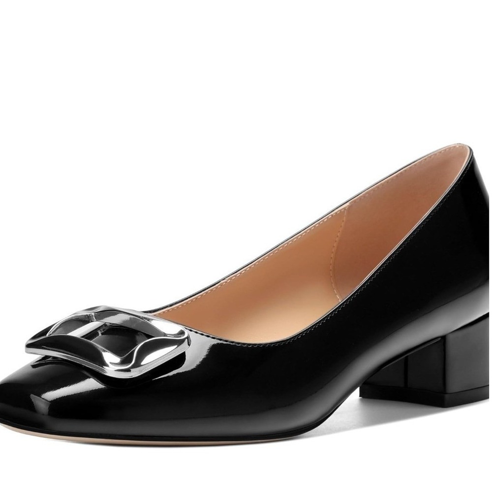 MisaeMila Black Patent Leather Pumps Silver Buckle Block Heel Womens Size 10 NEW
